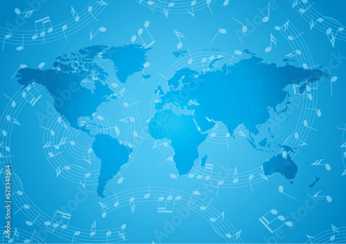 blue vector banner with swirl of music notes and blue world map - background