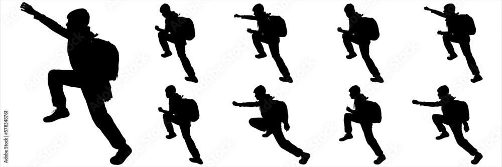 A teenager with a backpack behind his back climbs up. Climbing climb. Tourist teenager lends a helping hand. Rescuer. Sport. Sideways. Boy going up on a slope. Black silhouette isolated on white