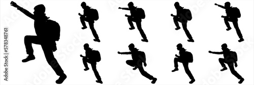 A teenager with a backpack behind his back climbs up. Climbing climb. Tourist teenager lends a helping hand. Rescuer. Sport. Sideways. Boy going up on a slope. Black silhouette isolated on white