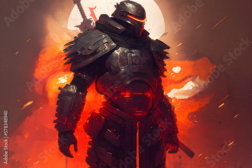 Full body portrait, a Samurai Imperial Heraldic Shadow trooper on a Crystal Planet, glowing red light, black armor with golden insignia, generative AI