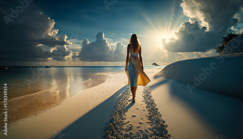 Enjoying the blissful solitude, A woman walking on a serene beach, Generative AI