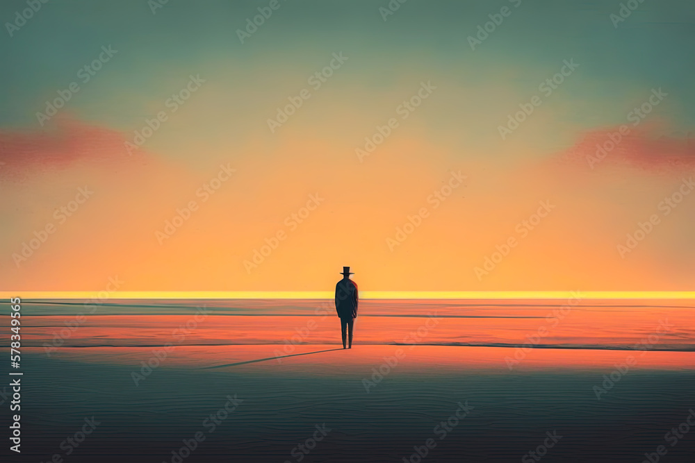 Silhouette of lonely man with hat stand in the beach during sunset or sunrise with twilight sky. Digital minimal pastel color conceptual art style. Digital illustration generative AI.