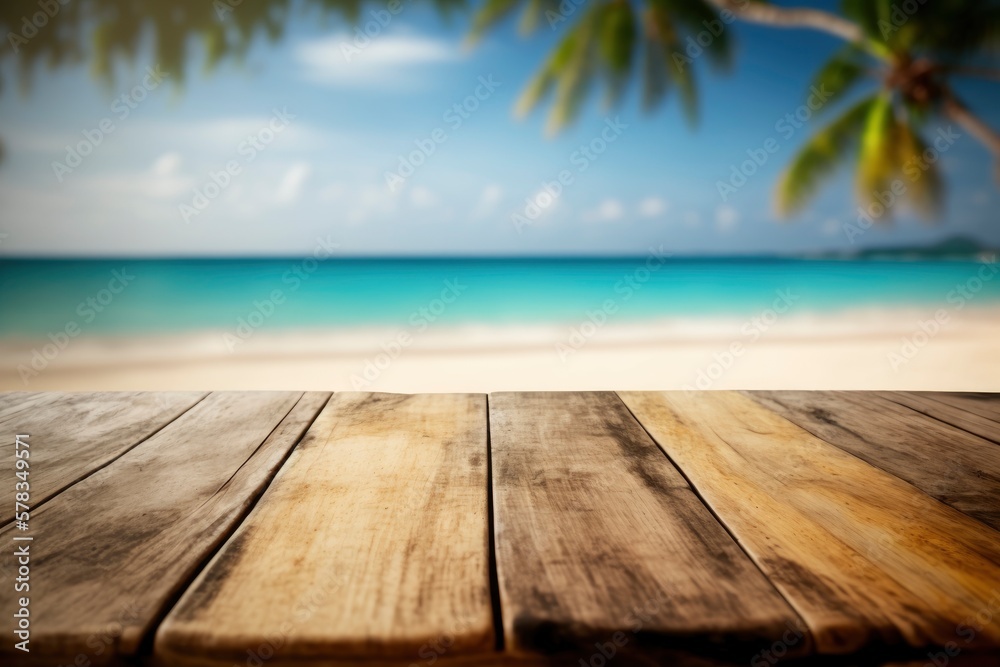Empty wooden top table on blur tropical beach background made with Generative AI Empty wooden top table on blur tropical beach background made with Generative AI