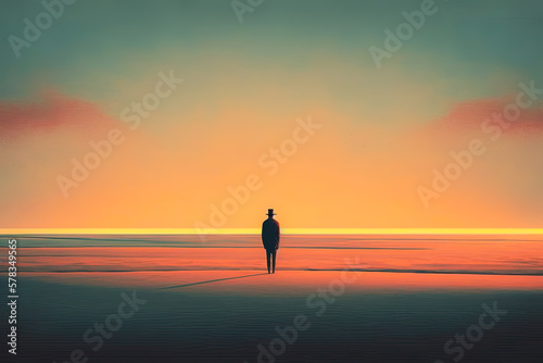 Silhouette of lonely man with hat stand in the beach during sunset or sunrise with twilight sky. Digital minimal pastel color conceptual art style. Digital illustration generative AI.