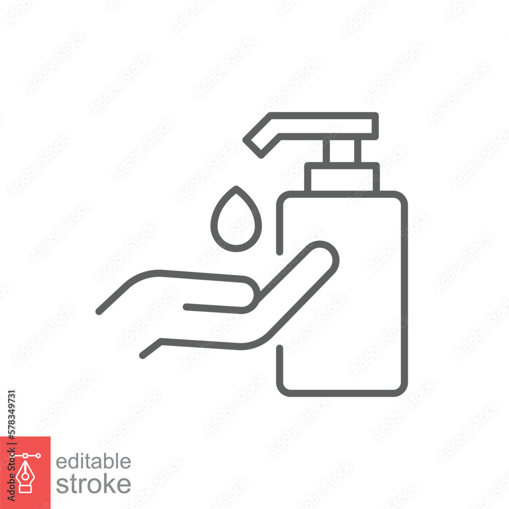 Hand sanitizer icon, line style. Washing hand with sanitizer liquid soap. Vector illustration. Design on white background. Editable stroke EPS 10. Hand sanitizer icon, line style. Washing hand with sanitizer liquid soap. Vector illustration. Design on white background. Editable stroke EPS 10.