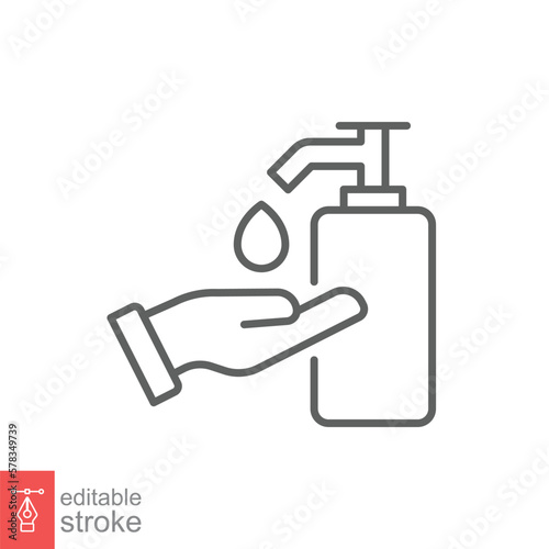 Hand sanitizer icon, line style. Washing hand with sanitizer liquid soap. Vector illustration. Design on white background. Editable stroke EPS 10.