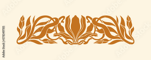 Floral iris flower in art nouveau 1920-1930. Hand drawn in a linear style with weaves of lines, leaves and flowers.