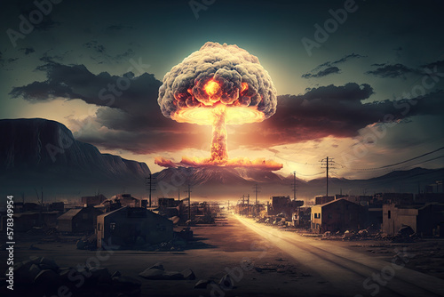 An explosion in a town's skyline making a nuclear fire mushroom cloud in an apocalyptic war. AI Generated.