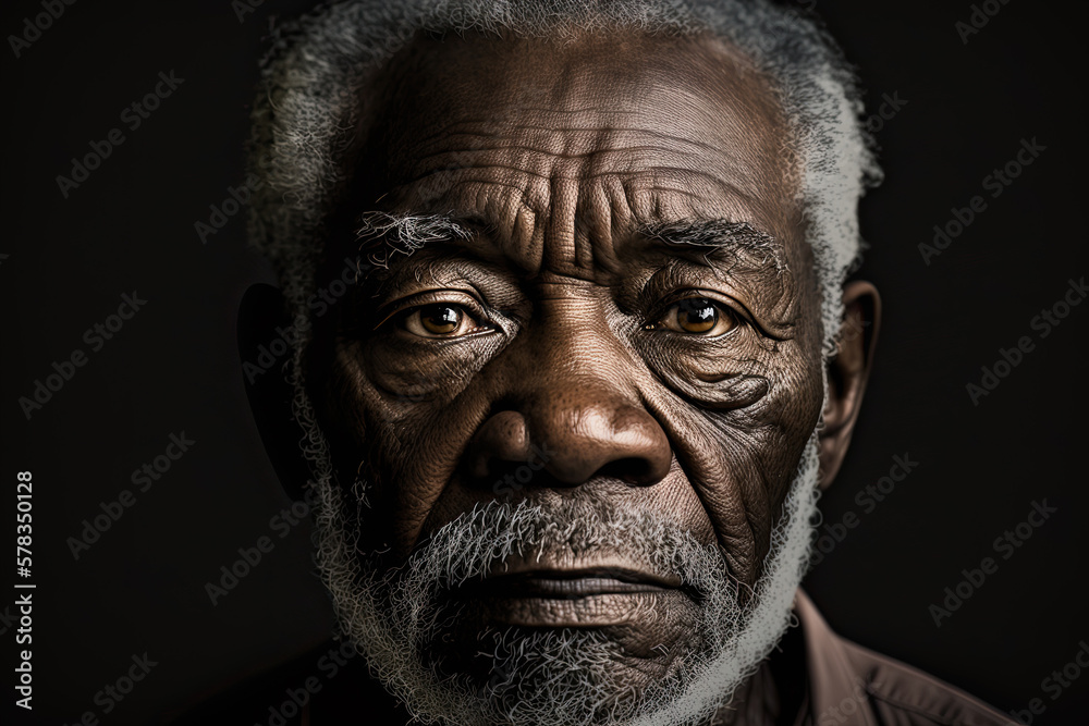 Portrait of a dark-skinned pensioner looking sadly into the camera against the background of a bright room. AI Generated