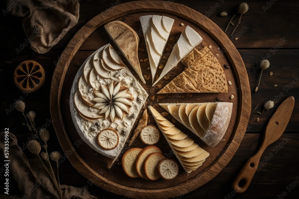 Top view of an assortment of bread on a wooden plate. Generative AI illustration.