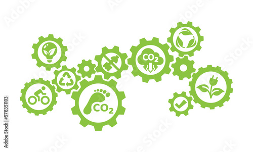 Sustainable, renewable recourses, carbon footprint in gear vector template. Ecology, global warming environment symbols and icons in gears mechanism banner.