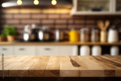 Wooden top table for display showcase on blur kitchen background made with Generative AI