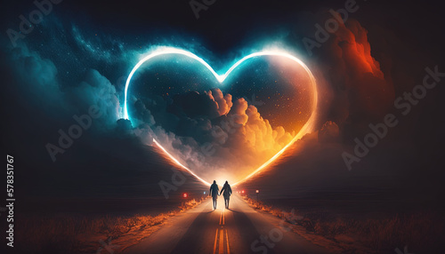 2 soulmates walking down a highway towards a large illuminated love heart. Generative Ai