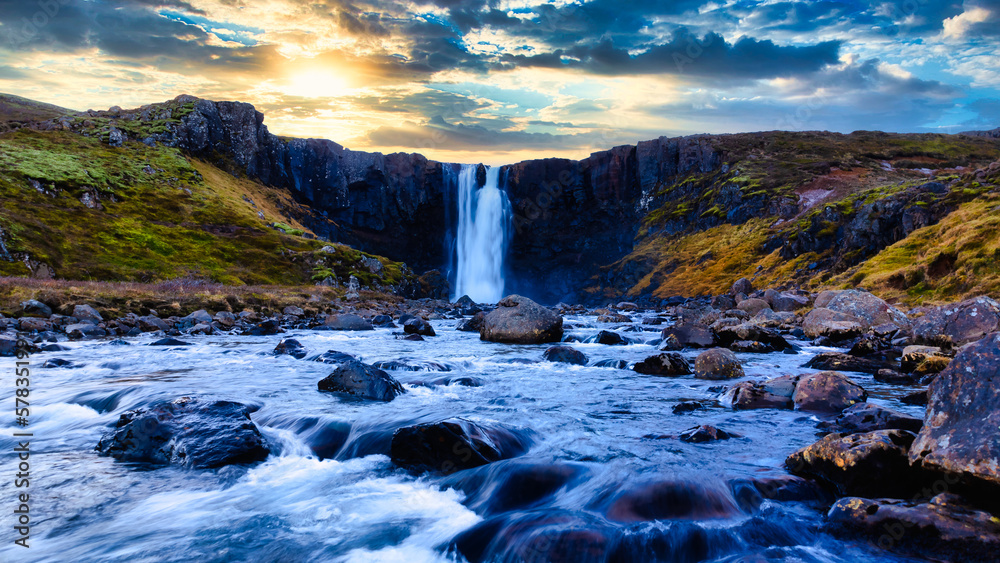 Beautiful Gufufoss waterfall in Seydisfjordur, Iceland