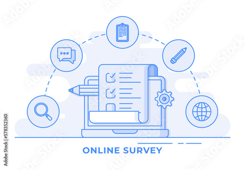Online survey thin line vector flat illustration for landing page, web banner, mobile application, Web design user interface, ui/ux