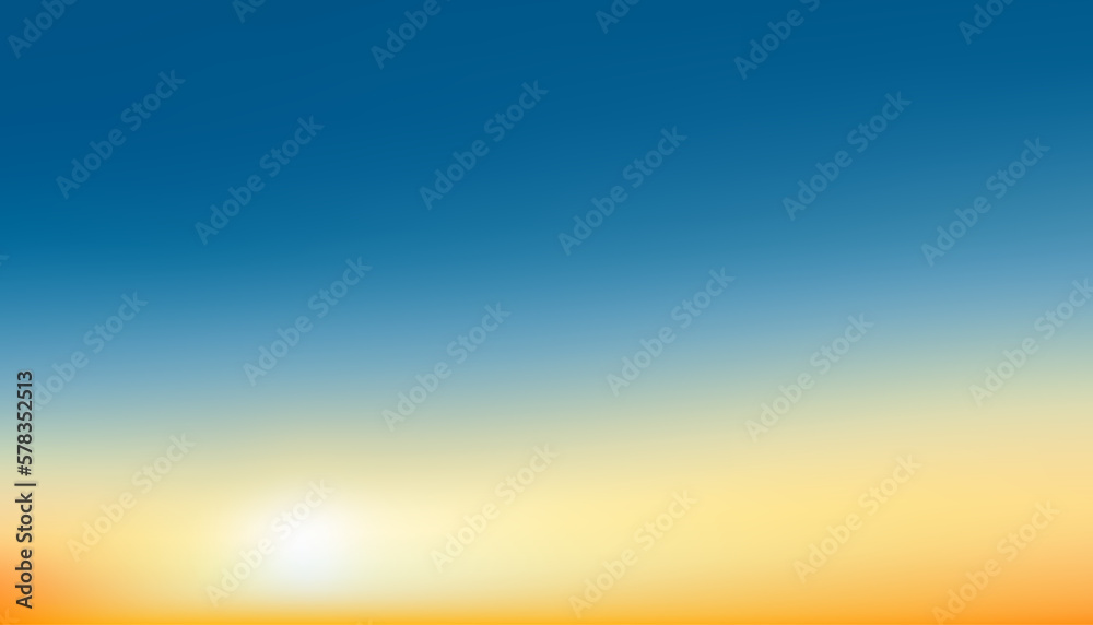 Sunset Sky Background,Sunrise with Yellow and Blue Sky,Nature Landscape Romantic Golden Hour with twilight Sky in Evening after Sun Dawn,Vector Horizon Banner Sunlight for Four Seasons concept