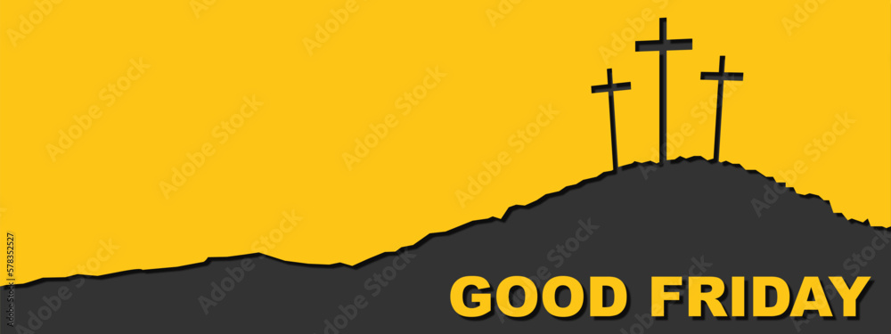 Naklejka premium Good friday Easter background panorama vector illustration paper cut - Yellow black silhouette of Crucifixion of Jesus Christ in Golgota / Golgotha jerusalem israel, with three crucifix crosses