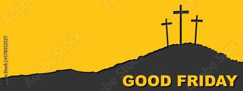 Good friday Easter background panorama vector illustration paper cut - Yellow black silhouette of Crucifixion of Jesus Christ in Golgota / Golgotha jerusalem israel, with three crucifix crosses