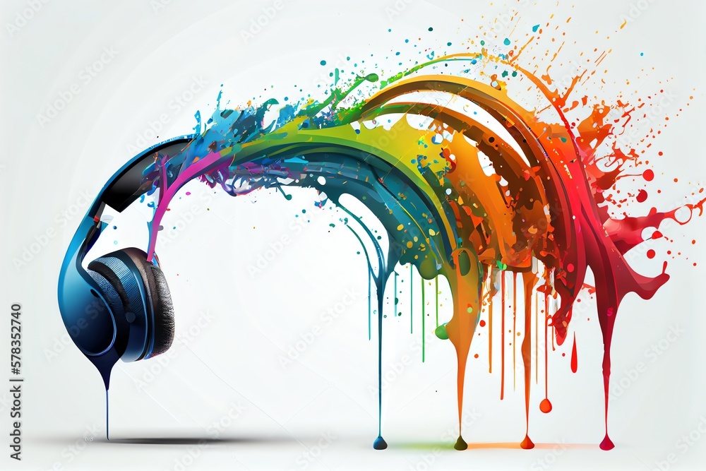 Headphones With Rainbow Splash. Conceptual Illustration For Music Concert Or Festival. Isolated Design Element On The white Background. Generative AI