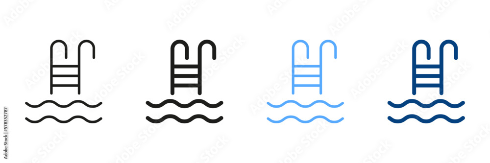 Swimming Pool Ladder Silhouette and Line Icon Set. Stairs for Swim Pool Black and Color Sign. Summer Vacation, Relaxation, Sports Exercise in Pool Symbol Collection. Isolated Vector Illustration Swimming Pool Ladder Silhouette and Line Icon Set. Stairs for Swim Pool Black and Color Sign. Summer Vacation, Relaxation, Sports Exercise in Pool Symbol Collection. Isolated Vector Illustration