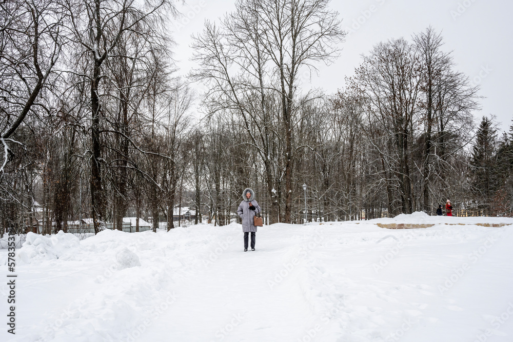a woman in a gray coat travels to the sights in the vicinity of Veliky Novgorod in winter