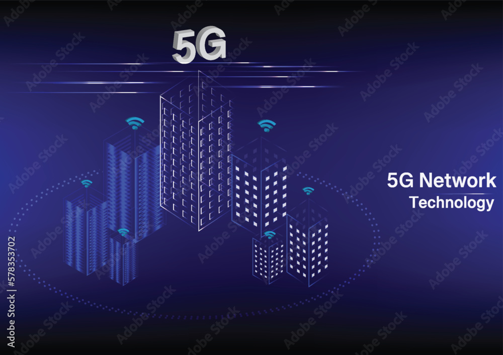 5G network technology, isometric concept vector illustration. Smart city, tall buildings with 5G symbol wireless internet isolated on ultraviolet background. 
