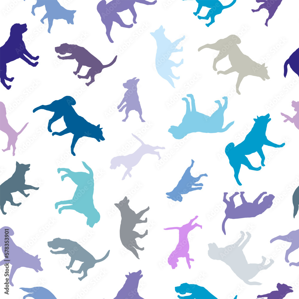 Dogs different colors isolated on a white background. Seamless pattern. Endless texture. Design for fabric, decor, wallpaper, wrapping paper, surface design. Vector illustration.