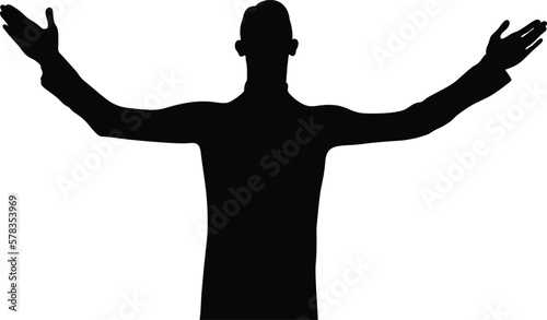 male dancer with his hands raised in front of him, black silhouette on white background, vector illustration