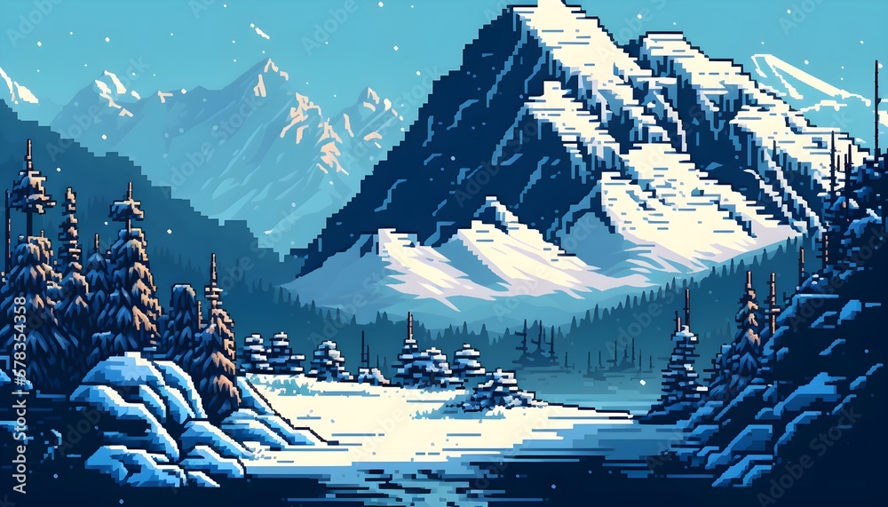 Winter Landscape In The Mountains Pixel Art Ai Generated Snow Sunny 