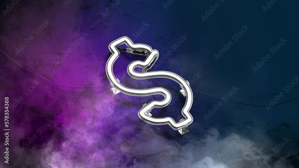 Neon colored dollar glowing sign on marble wall, looped switch