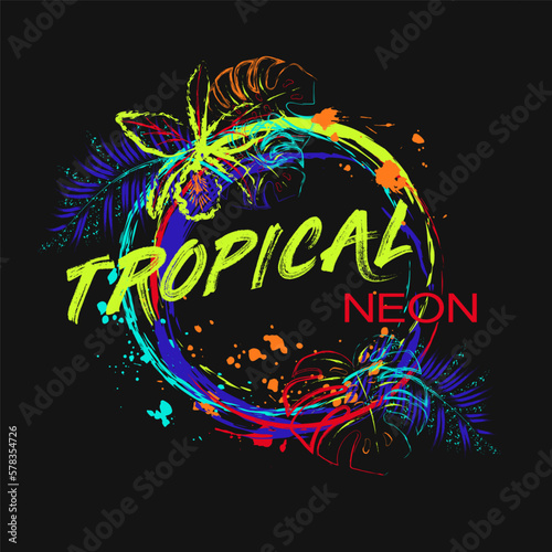 Circular label with orchids, tropical foliage, paint brush strokes, spattered paint of neon bright colors. Virtual surreal nature Grunge style for sports goods, prints, clothing, t shirt design
