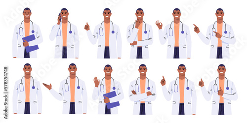 Black doctor with various gestures and poses. Man shows thumb up, Ok, hand, index fingers. Medic in a white coat thinks, crosses his arms, gives advice, says hello, makes a phone call. Flat vector.