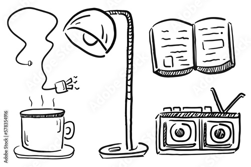 hand drawn line art illustration collection set of bookworm stuff