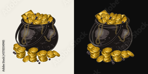 Cast iron pot full of gold coins, ingots, black pearls, golden chains in vintage style. Detailed vector illustration for Patricks day, treasure hunt, adventure.
