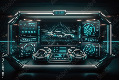 Cabin of a futuristic car in HUD style. AI
