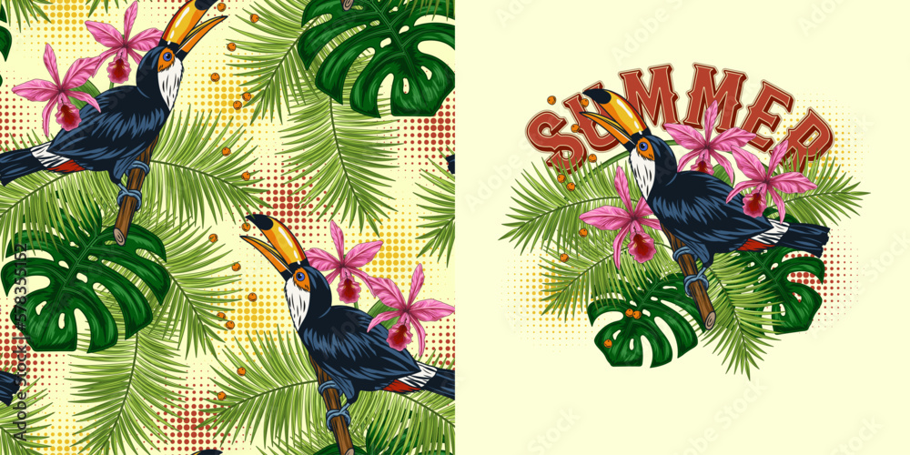 Set of seamless pattern, label with toucan, tropical foliage, halftone shapes. Monstera, palm leaves, orchid, bird is sitting on tree brahcn and eating seeds. For prints, apparel, textile Set of seamless pattern, label with toucan, tropical foliage, halftone shapes. Monstera, palm leaves, orchid, bird is sitting on tree brahcn and eating seeds. For prints, apparel, textile