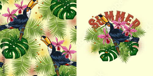 Set of seamless pattern, label with toucan, tropical foliage, halftone shapes. Monstera, palm leaves, orchid, bird is sitting on tree brahcn and eating seeds. For prints, apparel, textile