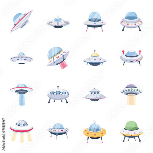 Set of Alien Spaceship Flat Icons 


