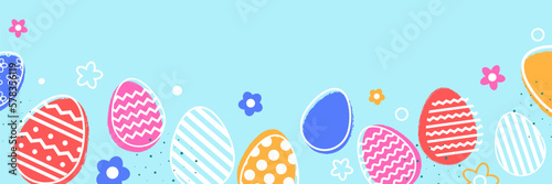Pastel Easter background with eggs and flowers. Minimal design for banner. Vector illustration