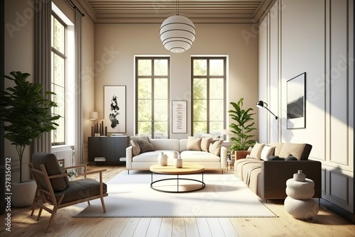 Modern villa living room design interior, beige furniture, bright walls, hardwood flooring, sofa, armchair with lamp, AI generated
