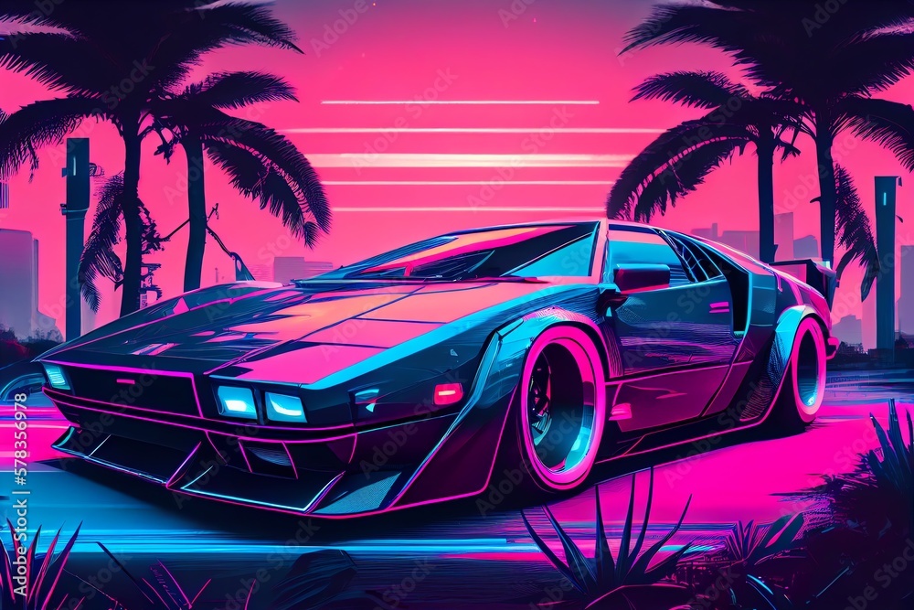 A 80S Style Vaporwave Retro Futuristic Supercar In A Blue And Pink Neon Cyber Digital Miami City. Generative AI