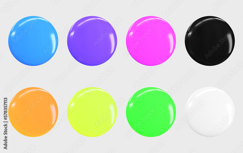 3D Button icons set. Realistic mockup of blank round glossy badges blue, purple, pink, black, orange, yellow, green, white isolated on grey background. Game ui graphic design elements