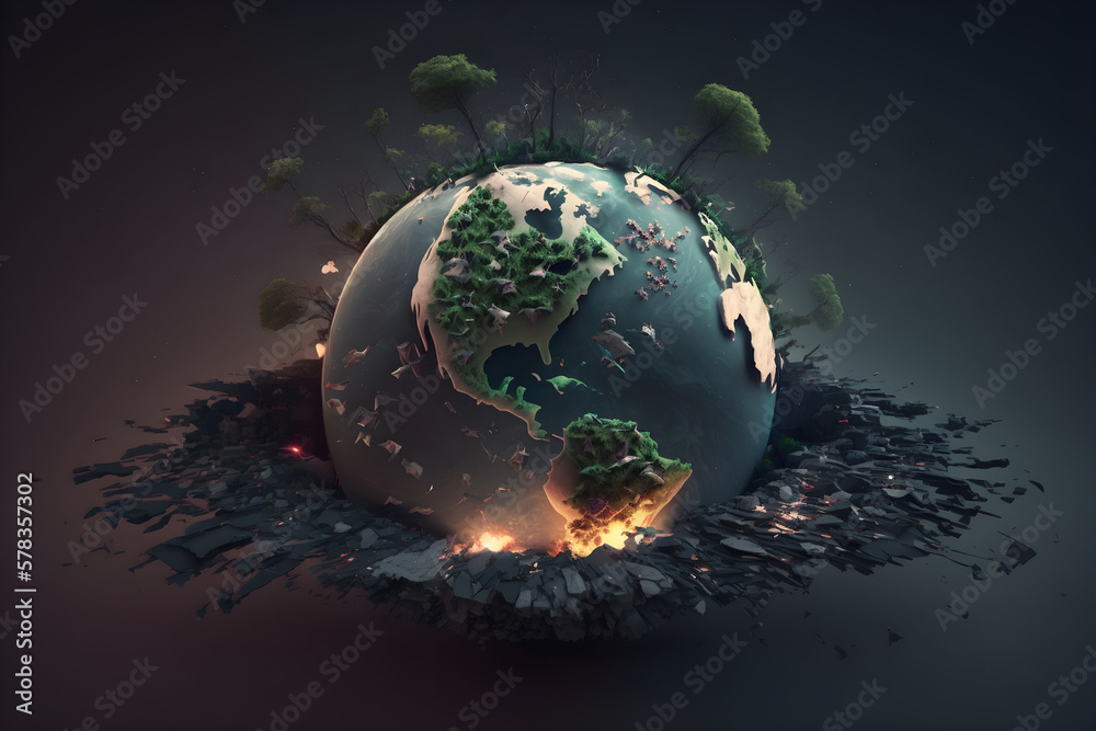Illustration of global warming and pollution concept. The climate change on the earth. Enviornment and enviornmental problems. Save the earth banner. Earth in fire. The earth day. Generative AI