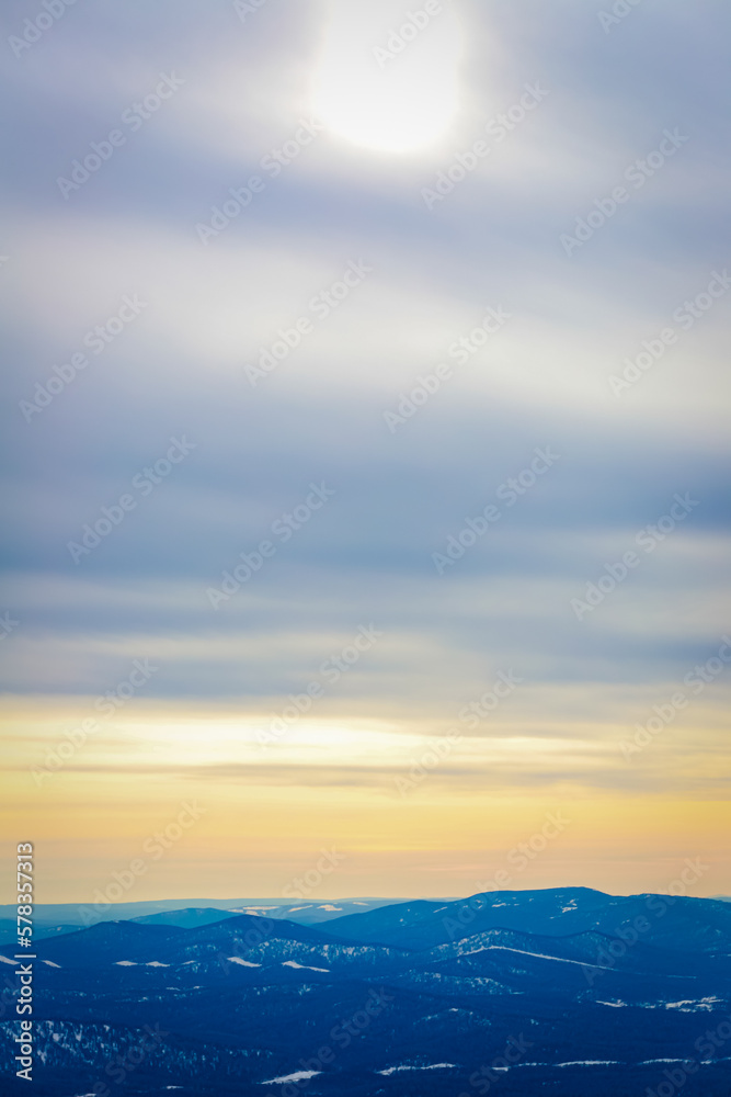 sun at its zenith, ski resort, blue mountains