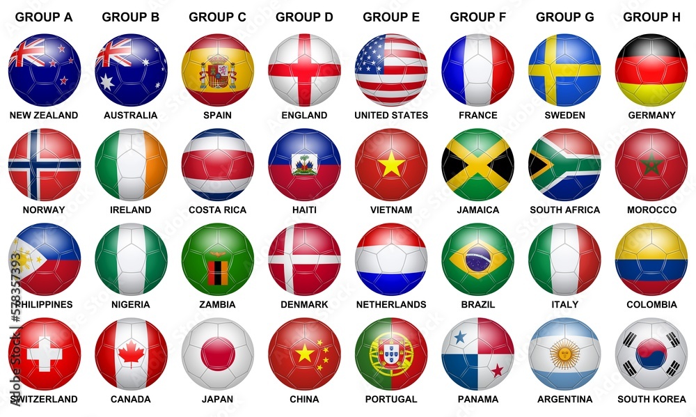 Soccer balls in the colors of different countries on a white background	