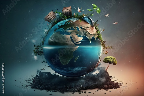 Illustration of pollution and global warming on the earth. The earth model showing the climate change on the planet. Enviornment and Enviornmental problems. Save the earth banner. Generative AI