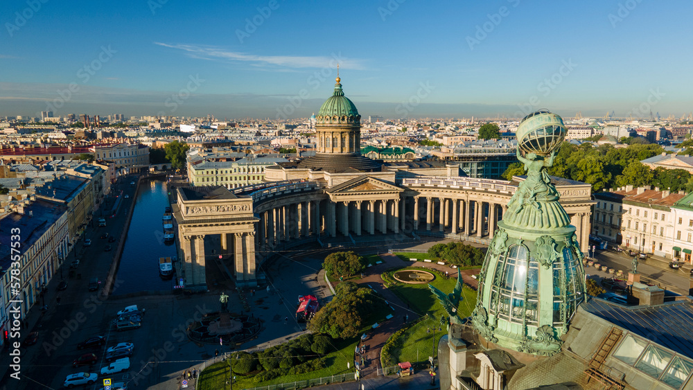 Aerial view of the Nevski street and Kazan Cathedral next to House of the Singer company in the historical and at same time modern city of St. Petersburg at sunny summer	

