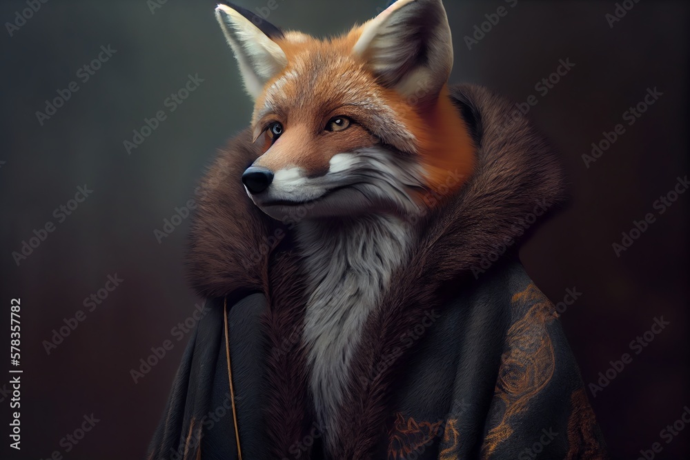 Anthropomorphic Fox In A Fur Coat. Animals Are Like People. Generative AI