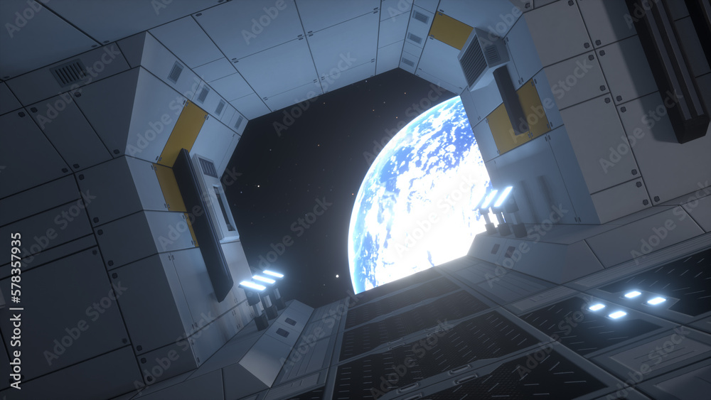 Fototapeta premium Spaceship corridor. Flying in a spaceship tunnel, a sci-fi shuttle corridor. 3d illustration