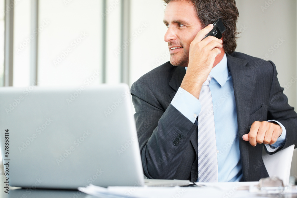 Business man using cell phone and laptop. Smart middle aged business man using cell phone and laptop. Business man using cell phone and laptop. Smart middle aged business man using cell phone and laptop.
